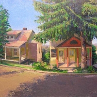 Summit Street Elkins oil on  canvas 20X42 2003